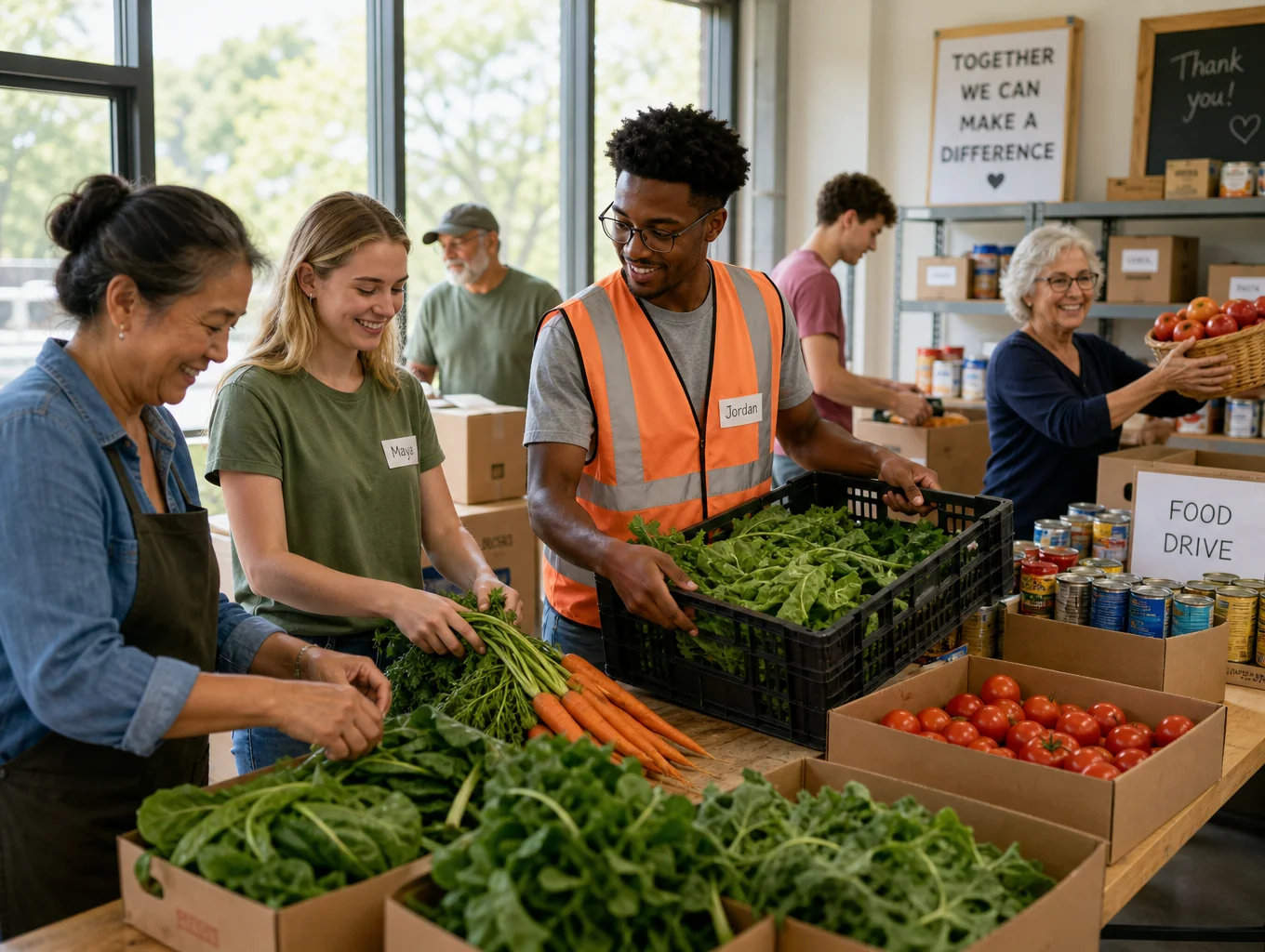 Grocery store team members packing fresh produce into donation boxes.